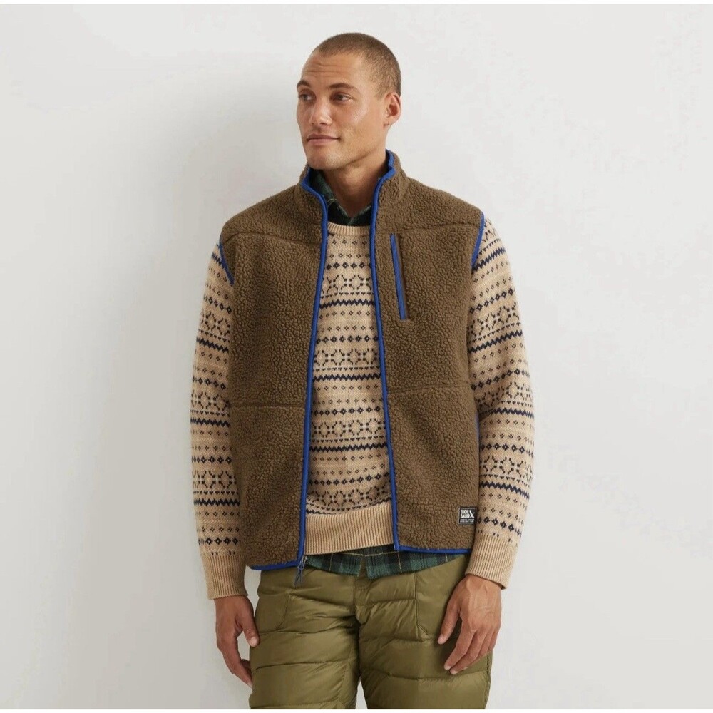 Eddie Bauer Mens Chilali Shearling Fleece Vest MD Brown Blue Full Zip Sherpa NWT